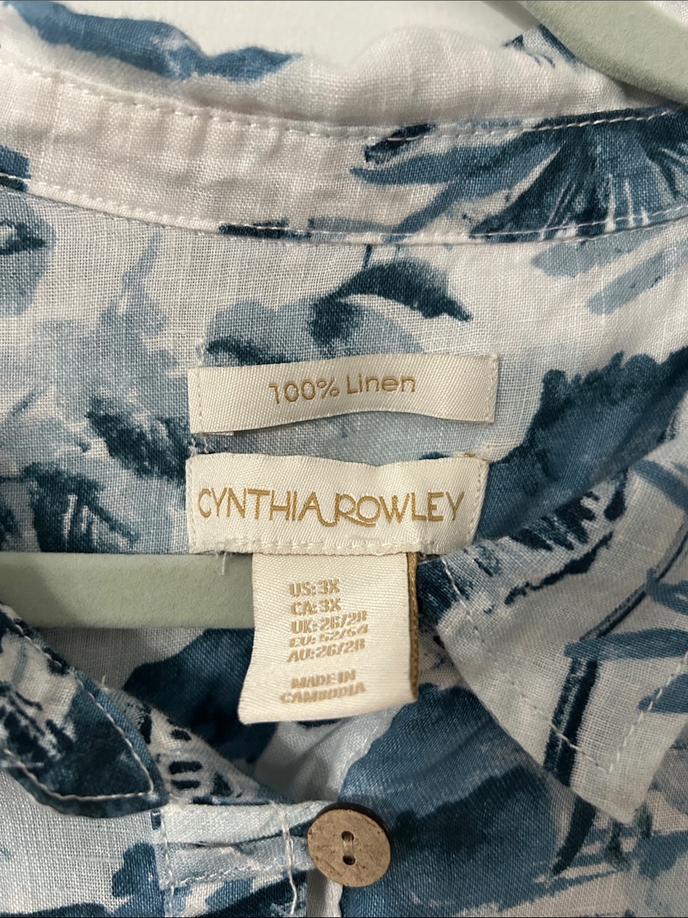 Cynthia Rowley Linen Blouse Women’s 3X Amalfi Coast Roll Sleeve Blue Popover - Picture 3 of 15